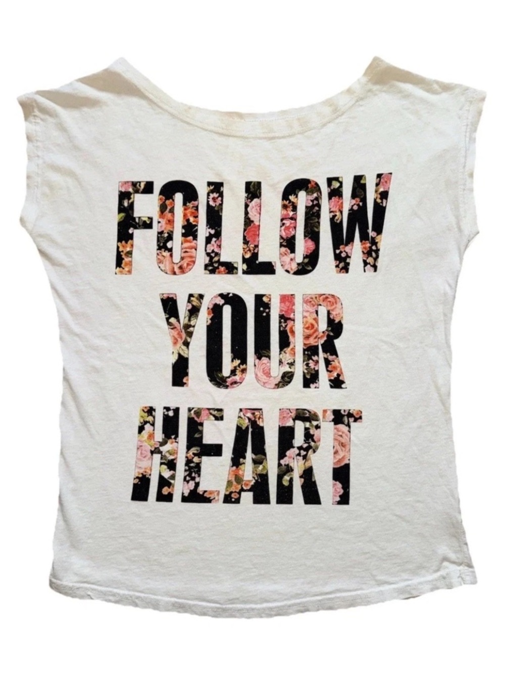 Unisex Adults Sz S White Cotton Sleeveless T-Shirt ‘Follow Your Heart’ Wide Neck